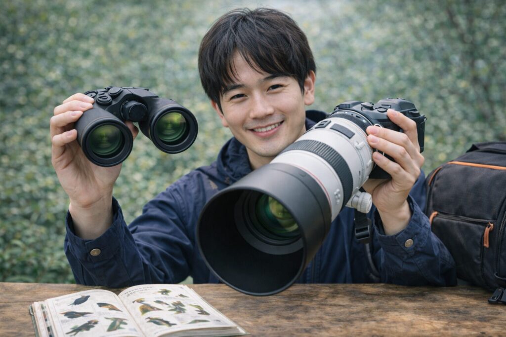 望遠レンズと双眼鏡も忘れずに